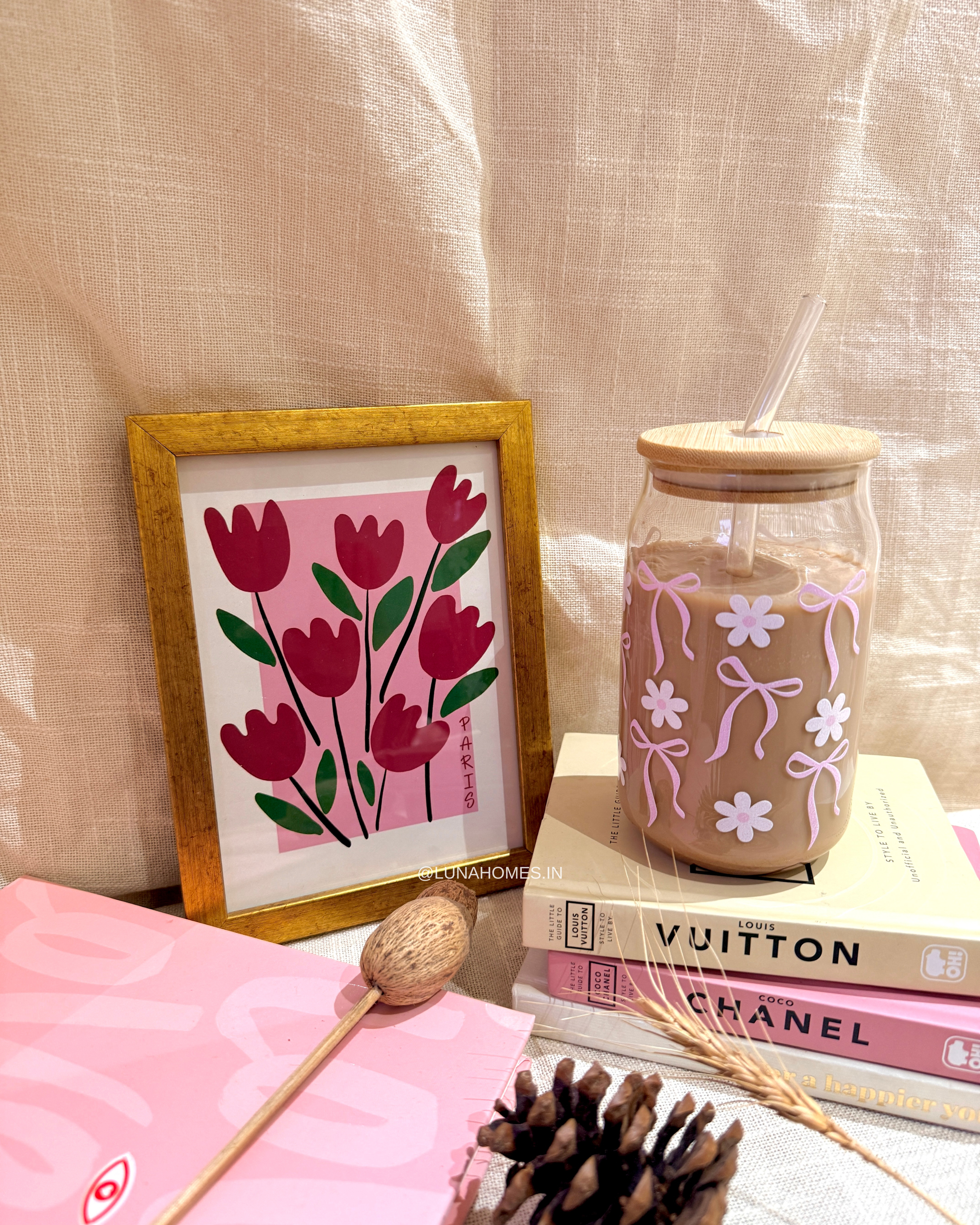 Glass Can Sipper with Lid and Glass Straw |540ml| Coquette Florals and Bows