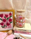 Glass Can Sipper with Lid and Glass Straw |540ml| Cherry and Bows
