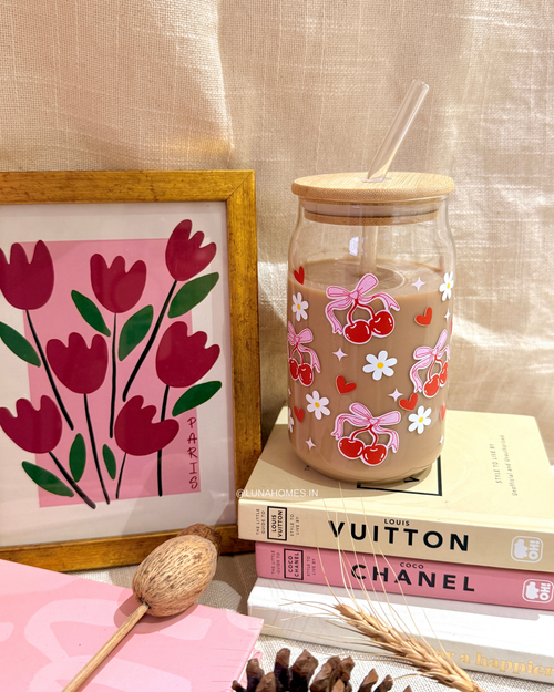 Glass Can Sipper with Lid and Glass Straw |540ml| Cherry and Bows