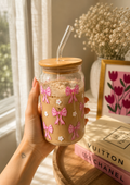 Glass Can Sipper with Lid and Glass Straw |540ml| Blossom Coquette Bows