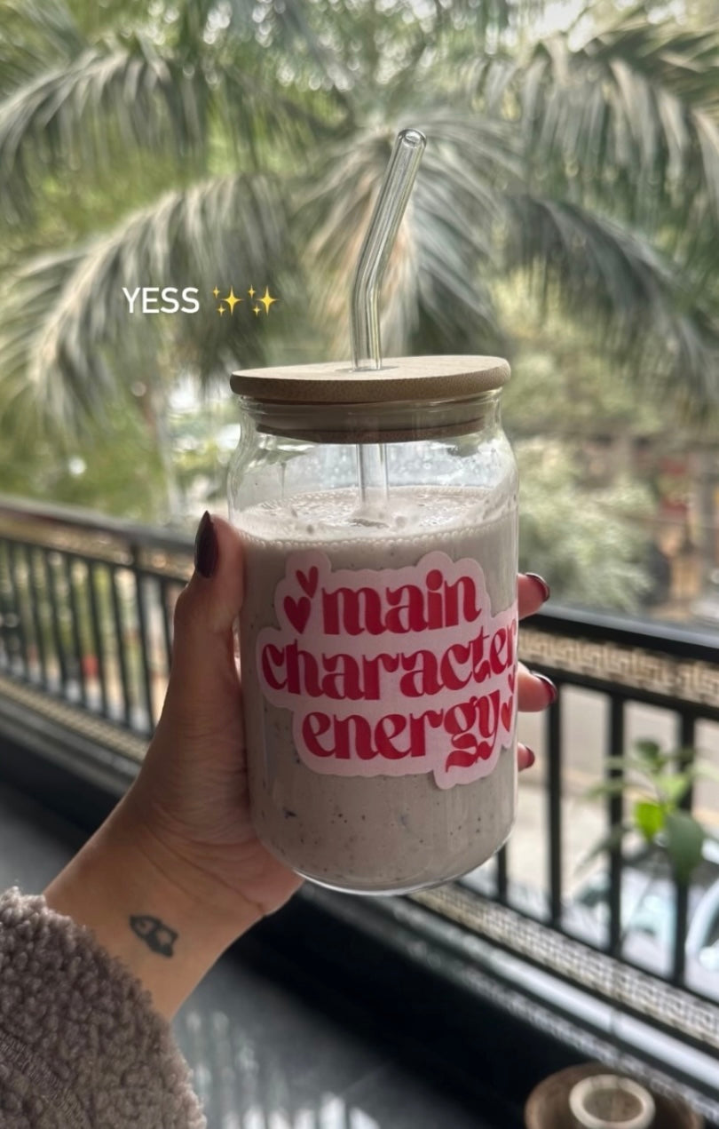 Glass Can Sipper with Lid and Glass Straw |540ml| Main Character Energy