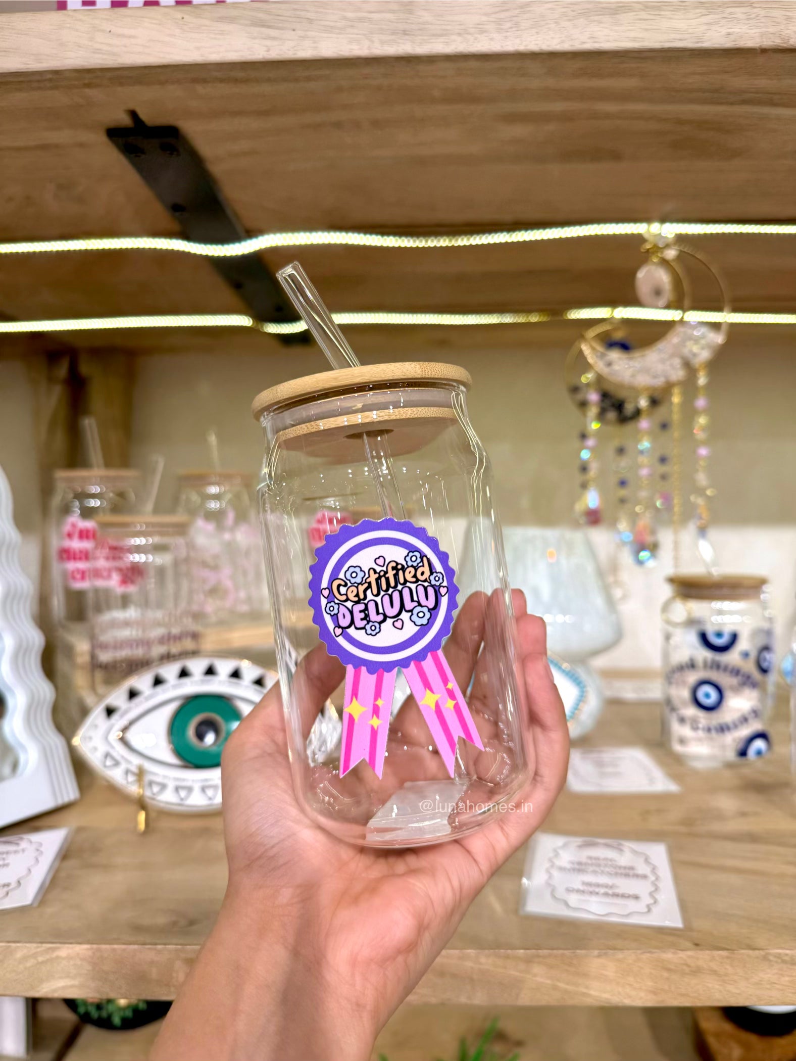 Glass Can Sipper with Lid and Glass Straw |540ml| Certified Delulu