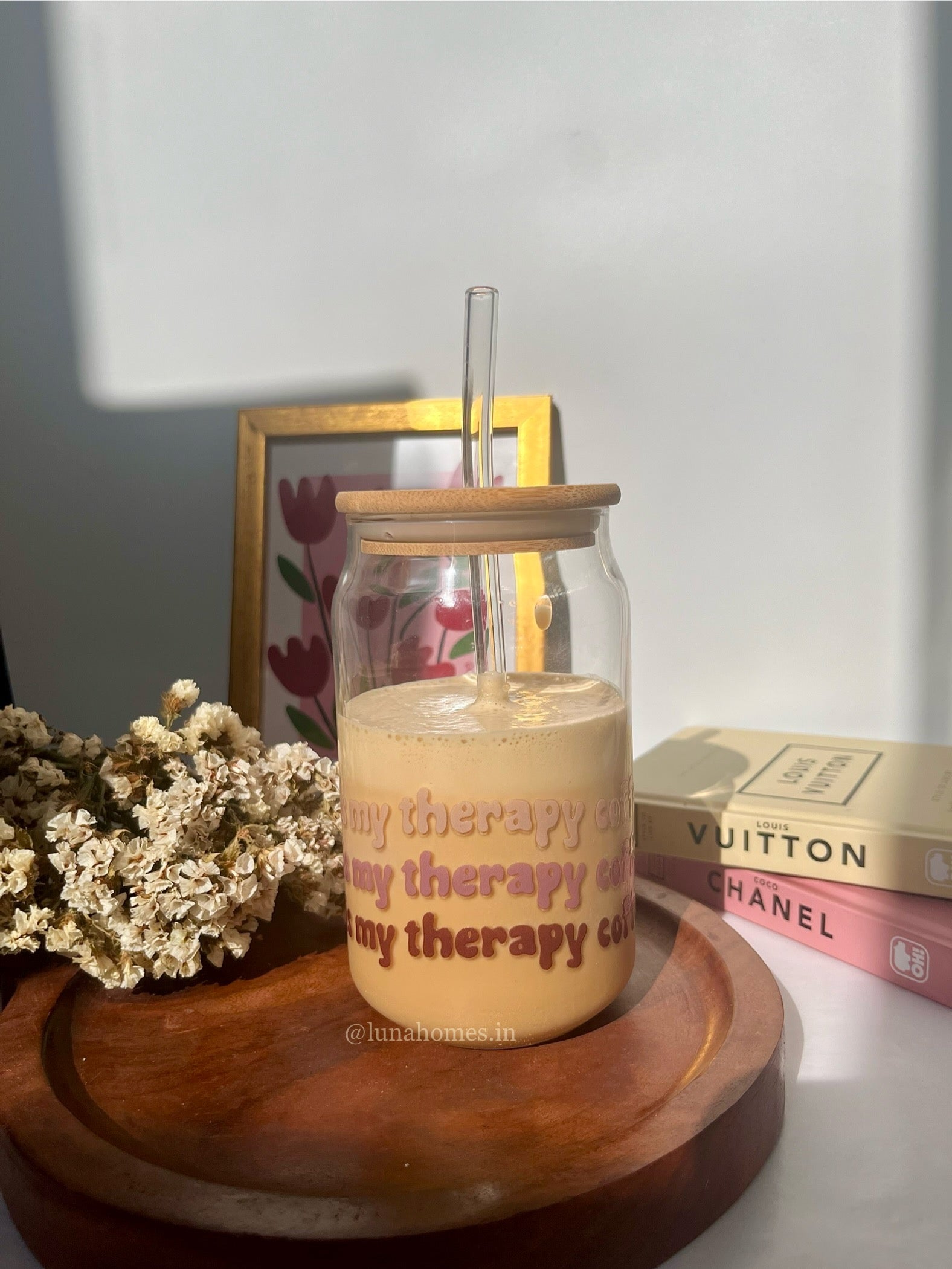 Glass Can Sipper with Lid and Glass Straw |540ml| Coffee is my therapy