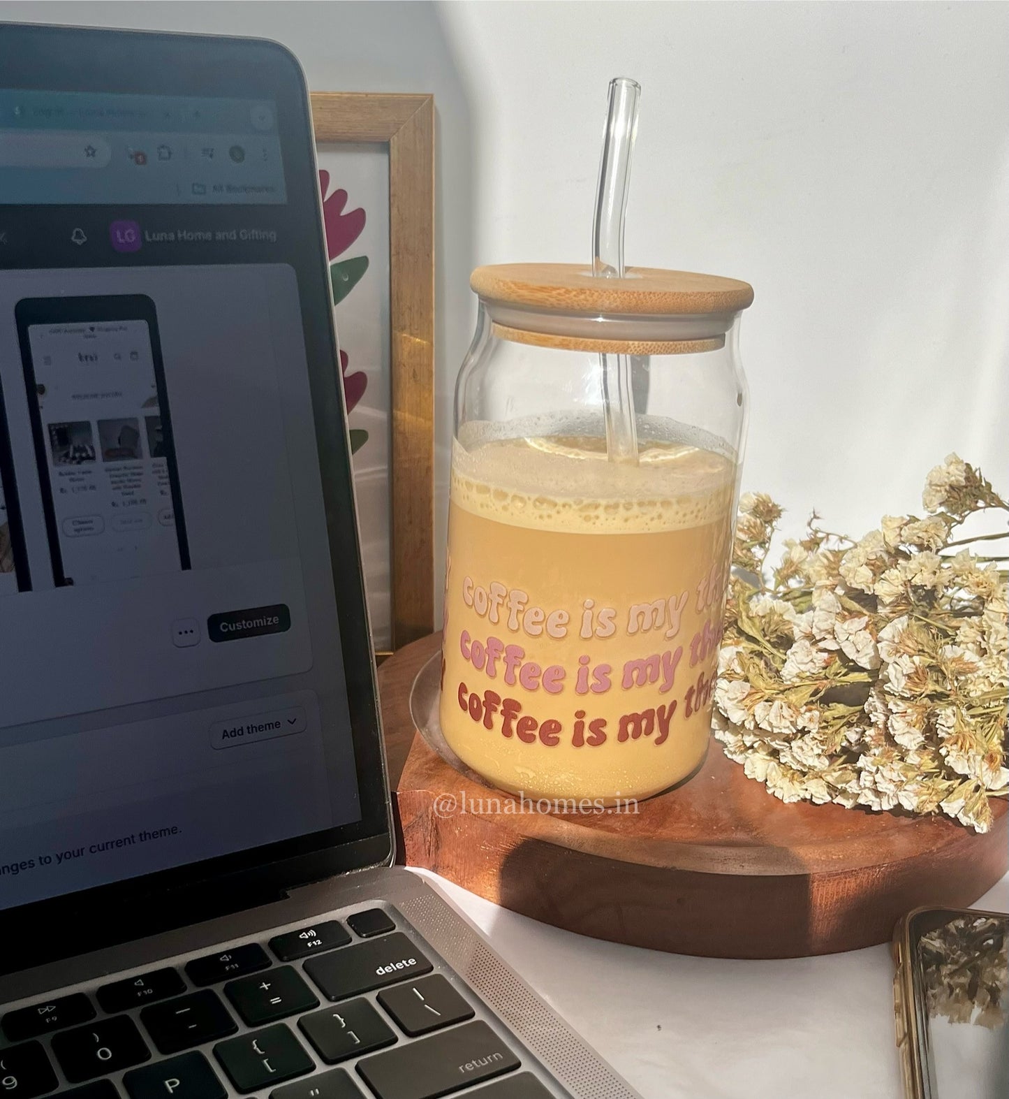 Glass Can Sipper with Lid and Glass Straw |540ml| Coffee is my therapy