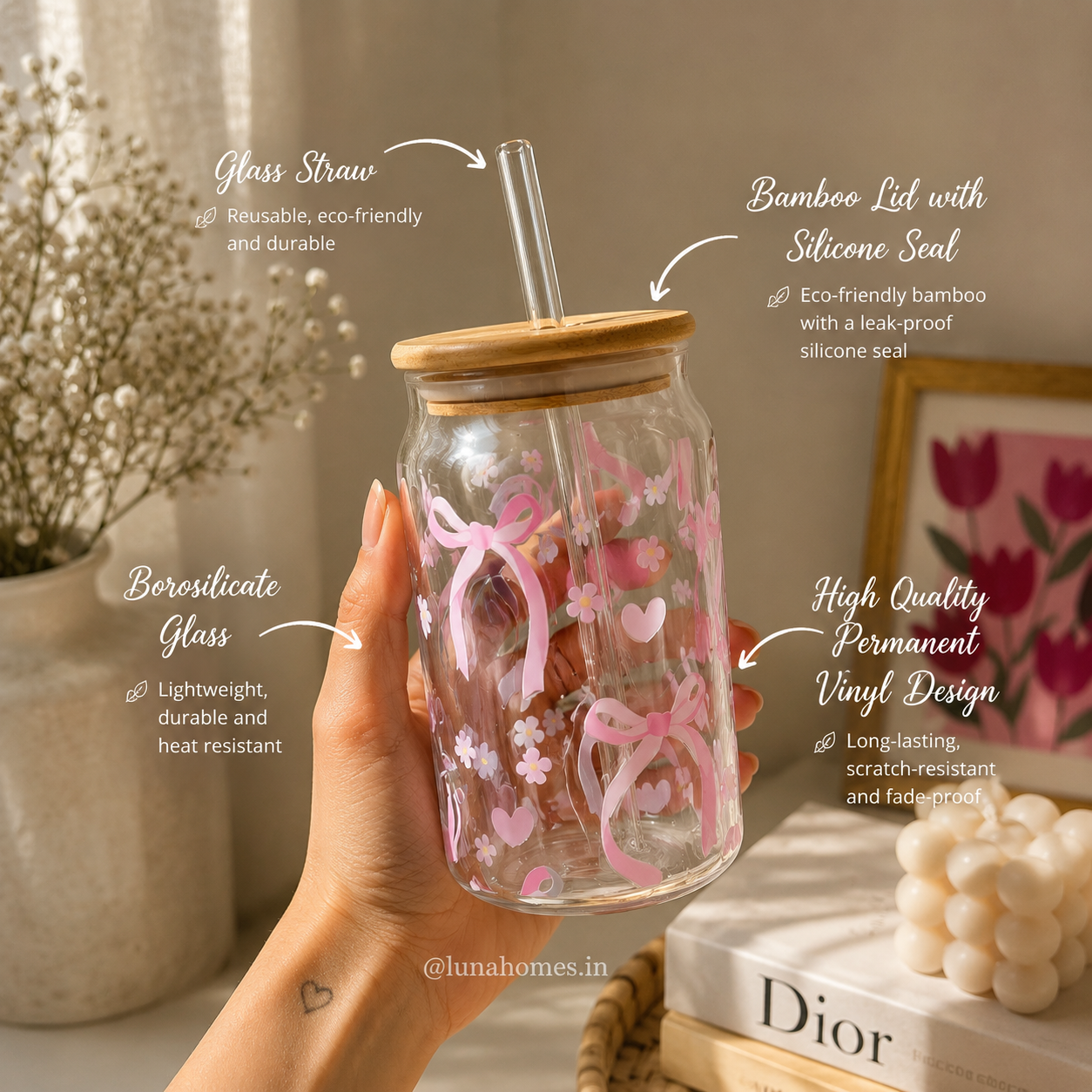 Glass Can Sipper with Lid and Glass Straw |540ml| Coquette Bows