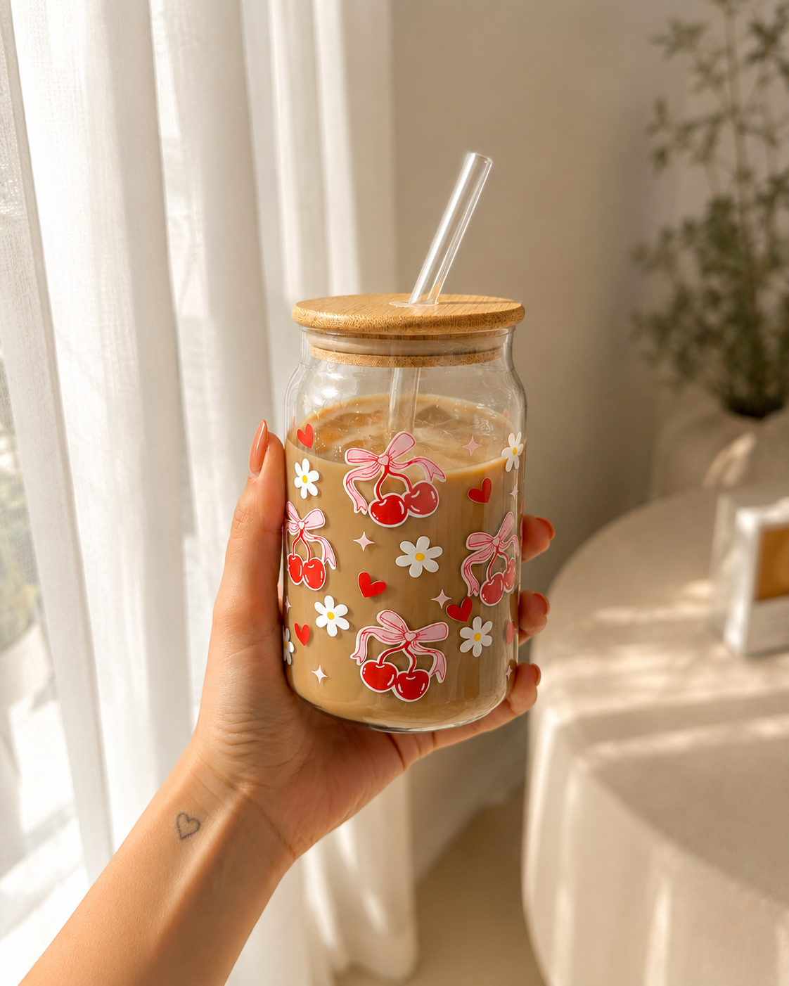 Glass Can Sipper with Lid and Glass Straw |540ml| Cherry and Bows