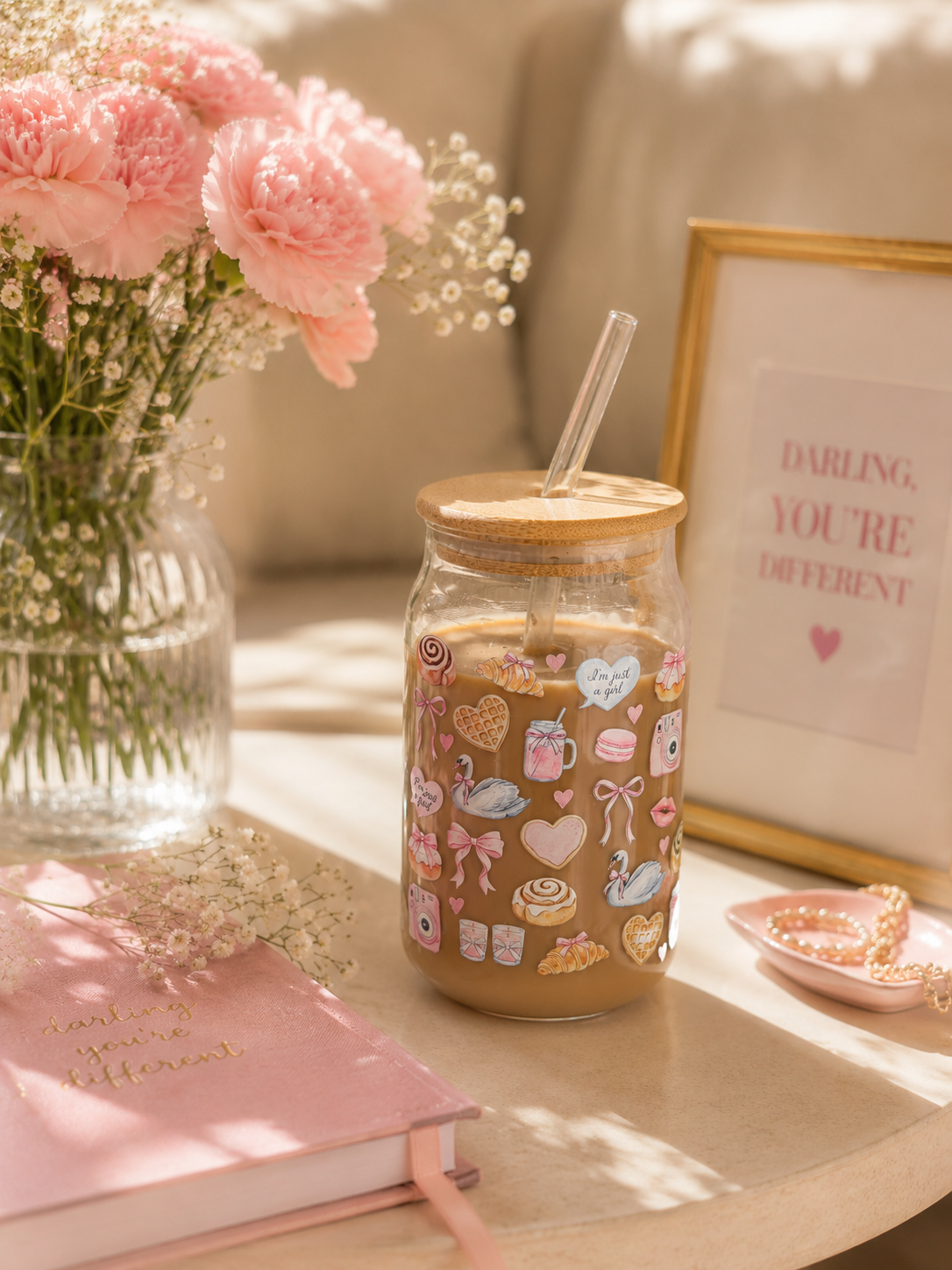 Glass Can Sipper with Lid and Glass Straw |540ml| Soft Girl