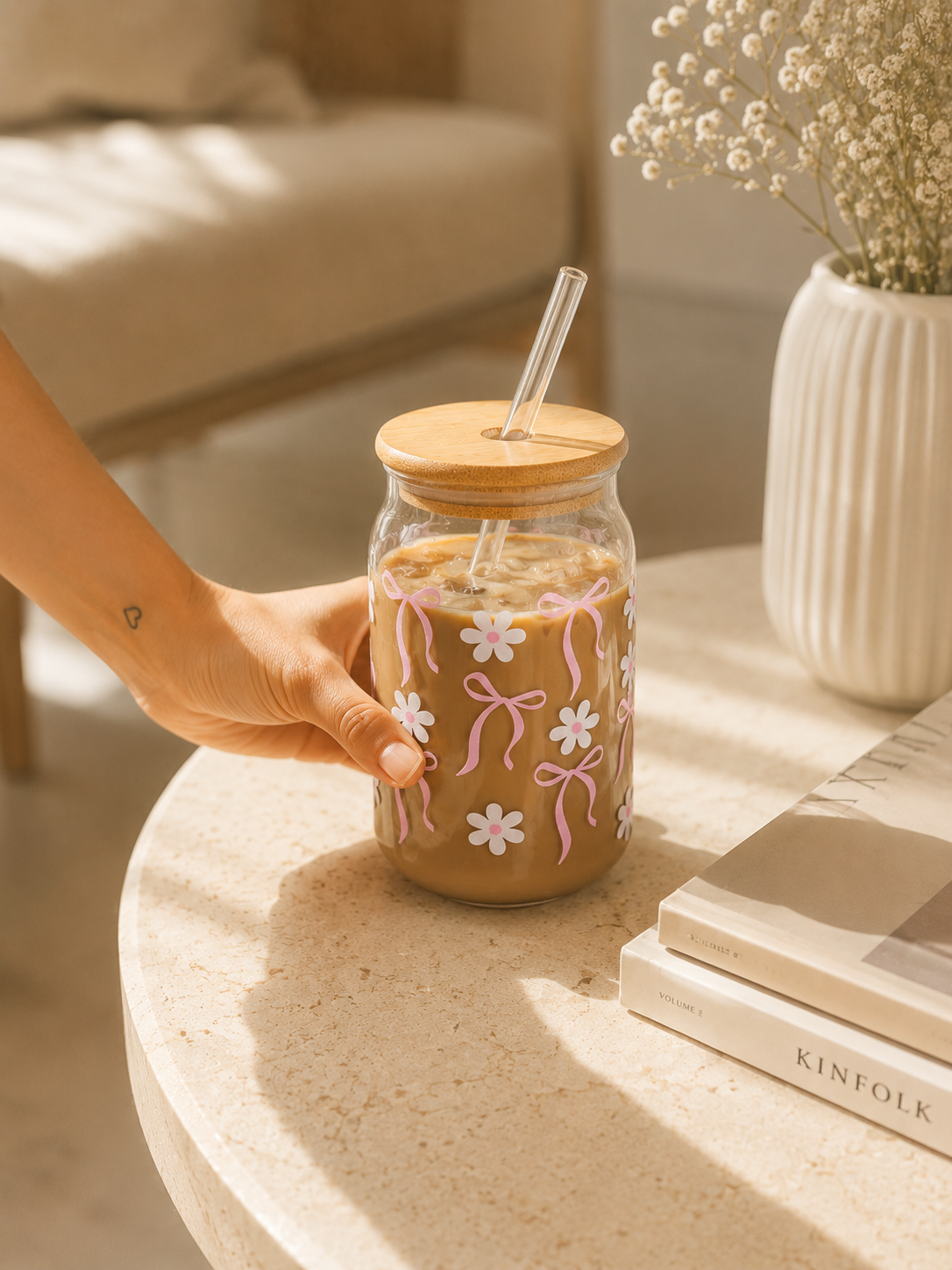 Glass Can Sipper with Lid and Glass Straw |540ml| Coquette Florals and Bows