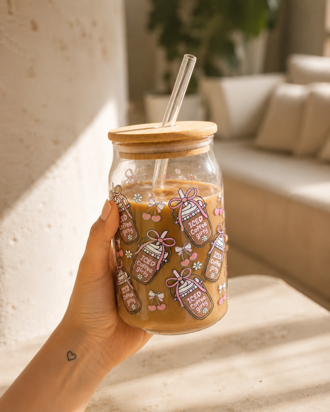 Glass Can Sipper with Lid and Glass Straw |540ml| Iced Coffee Girly